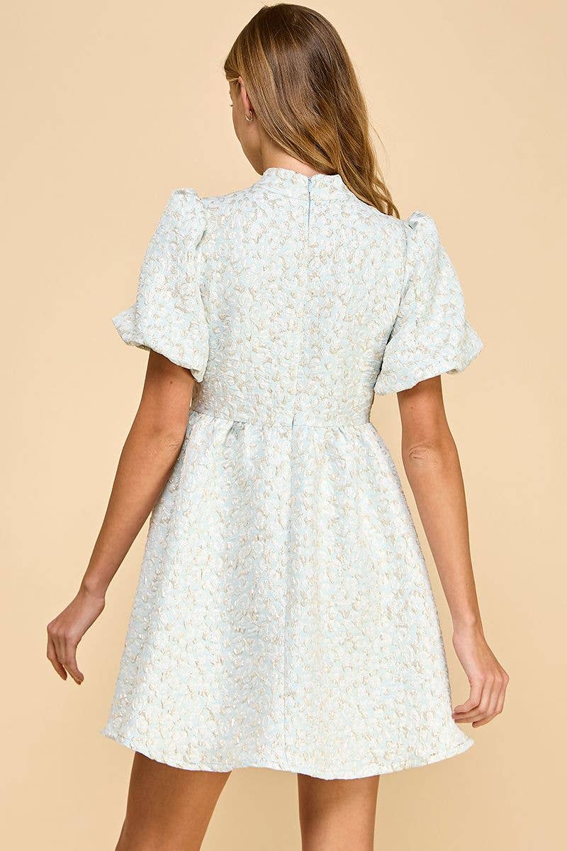 Jacquard Puff Sleeve Bow Detail Dress