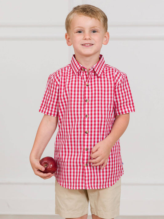 Boys Classic Red Gingham Short Sleeve Button Down Shirt