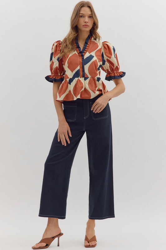 Abstract Print Puff Sleeve Peplum Top - Ecru Rust