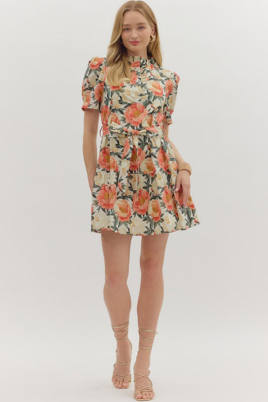 Floral Print Puff Shoulder Sleeve Mini Dress - Apricot