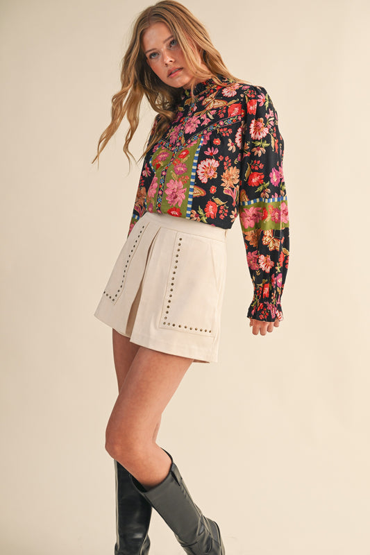 Floral Border Print Top With Floral Trim