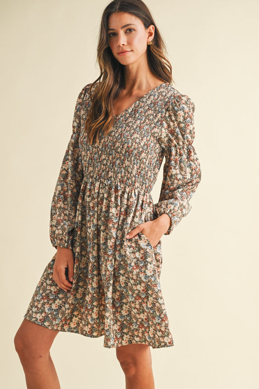 Vintage Flower Print Smocking Detail Mini Dress
