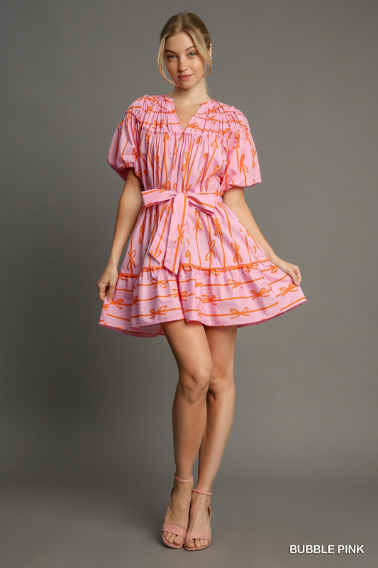 Ribbon Print Short Dress