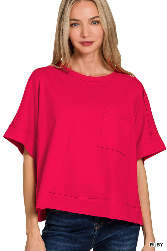 Exposed Seam Oversized Crop Box Tee - Ruby