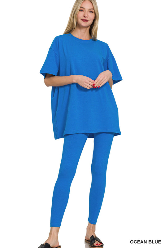 Cotton Round Neck Top & Legging Set - Ocean Blue