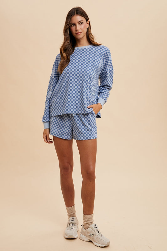 Checkerboard Soft Brushed Knit Pullover & Shorts