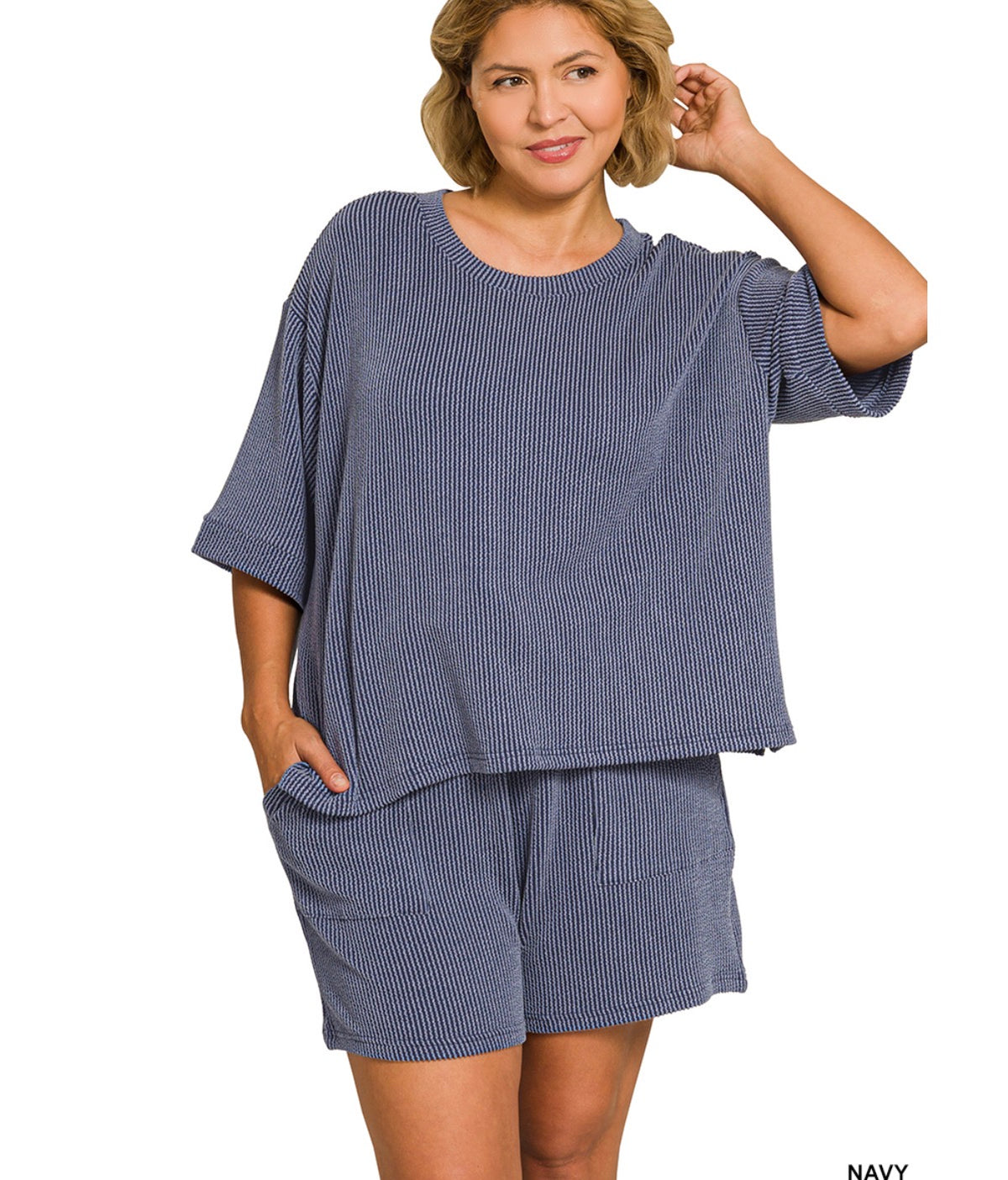 Plus Raised Rib Short Sleeve Tee & Shorts Set