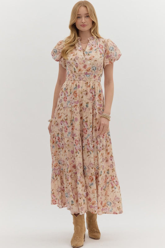 Floral Print Bubble Sleeve Tiered Midi Dress - Ecru