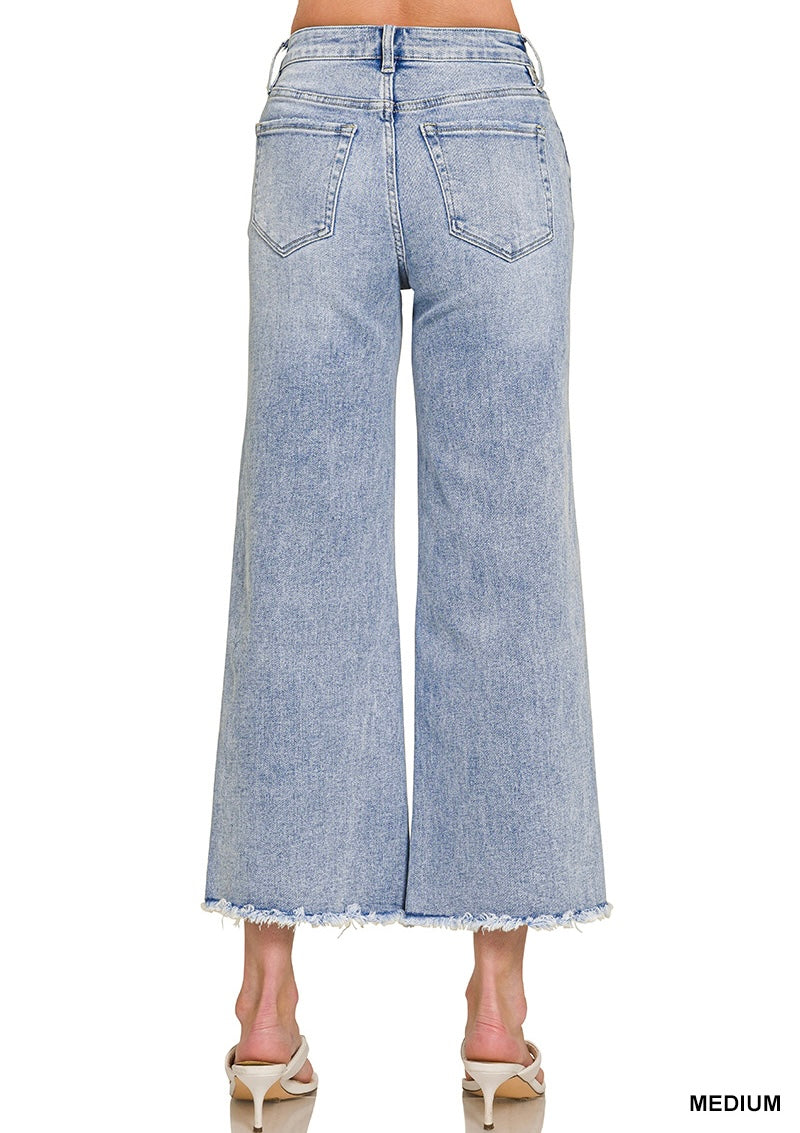 High Waist Wide Leg Fray Hem Denim Pants