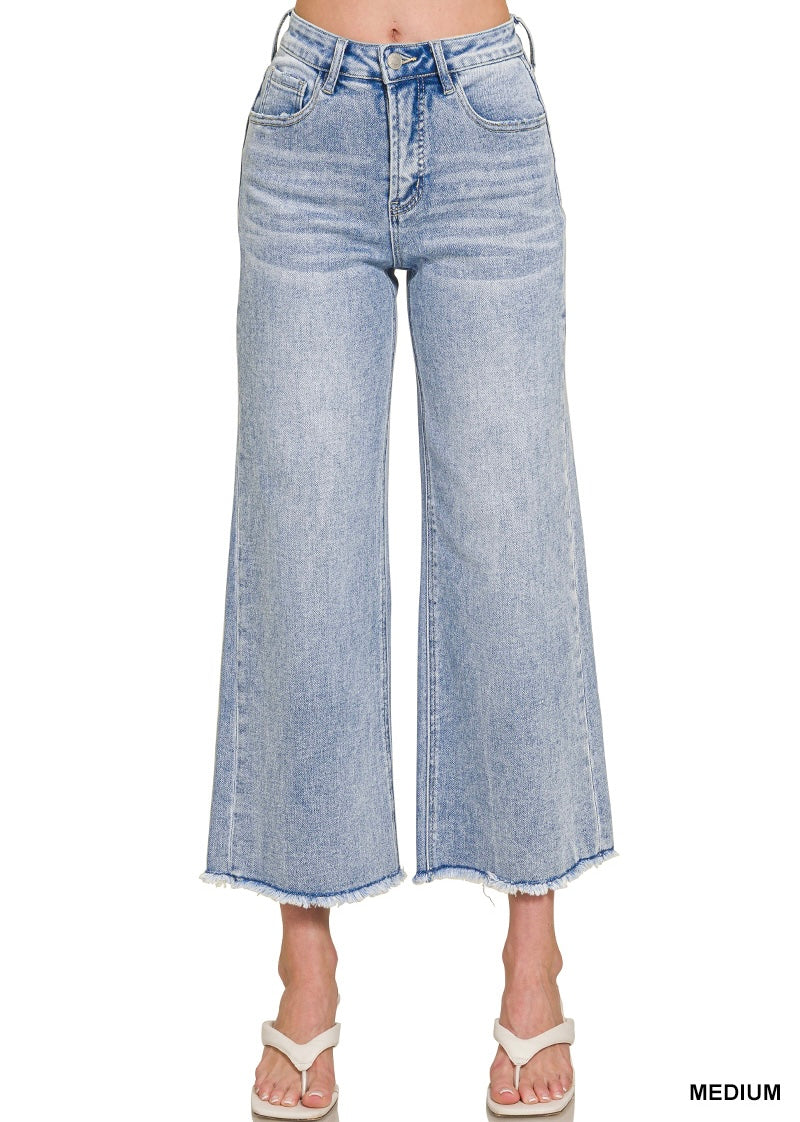 High Waist Wide Leg Fray Hem Denim Pants