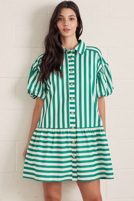 Striped Short Puff Sleeve Mini Dress