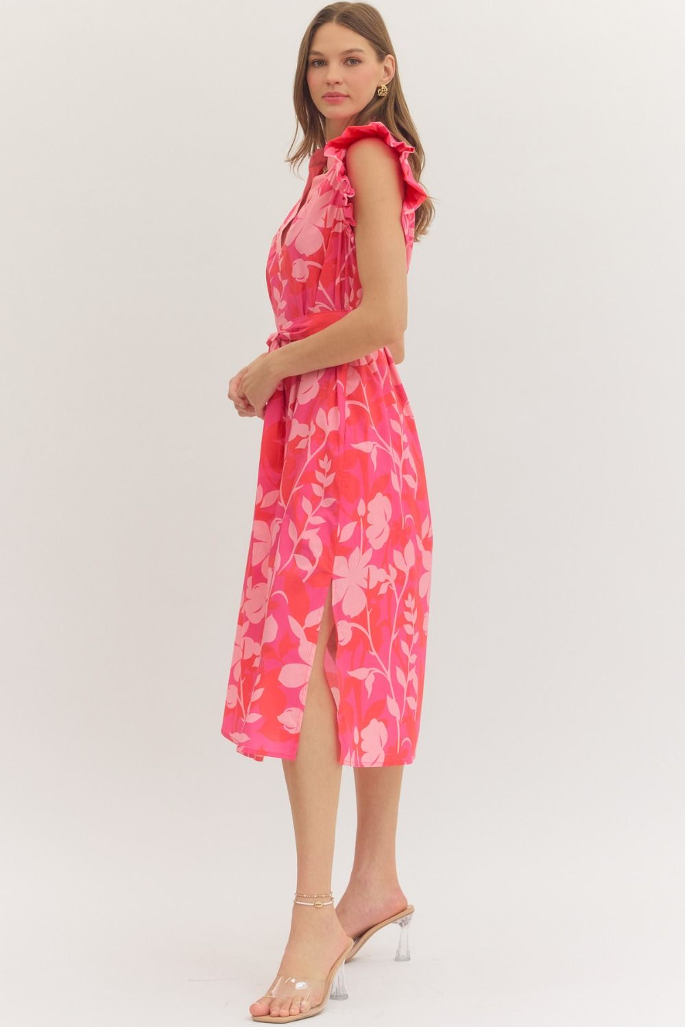 Botanical print ruffle sleeve midi dress
