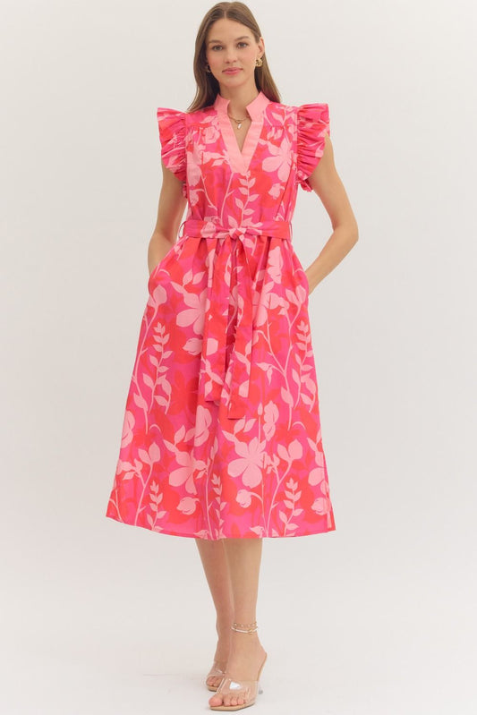 Botanical print ruffle sleeve midi dress