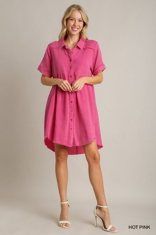 Mineral Wash Short Collared Dress - Hot Pink