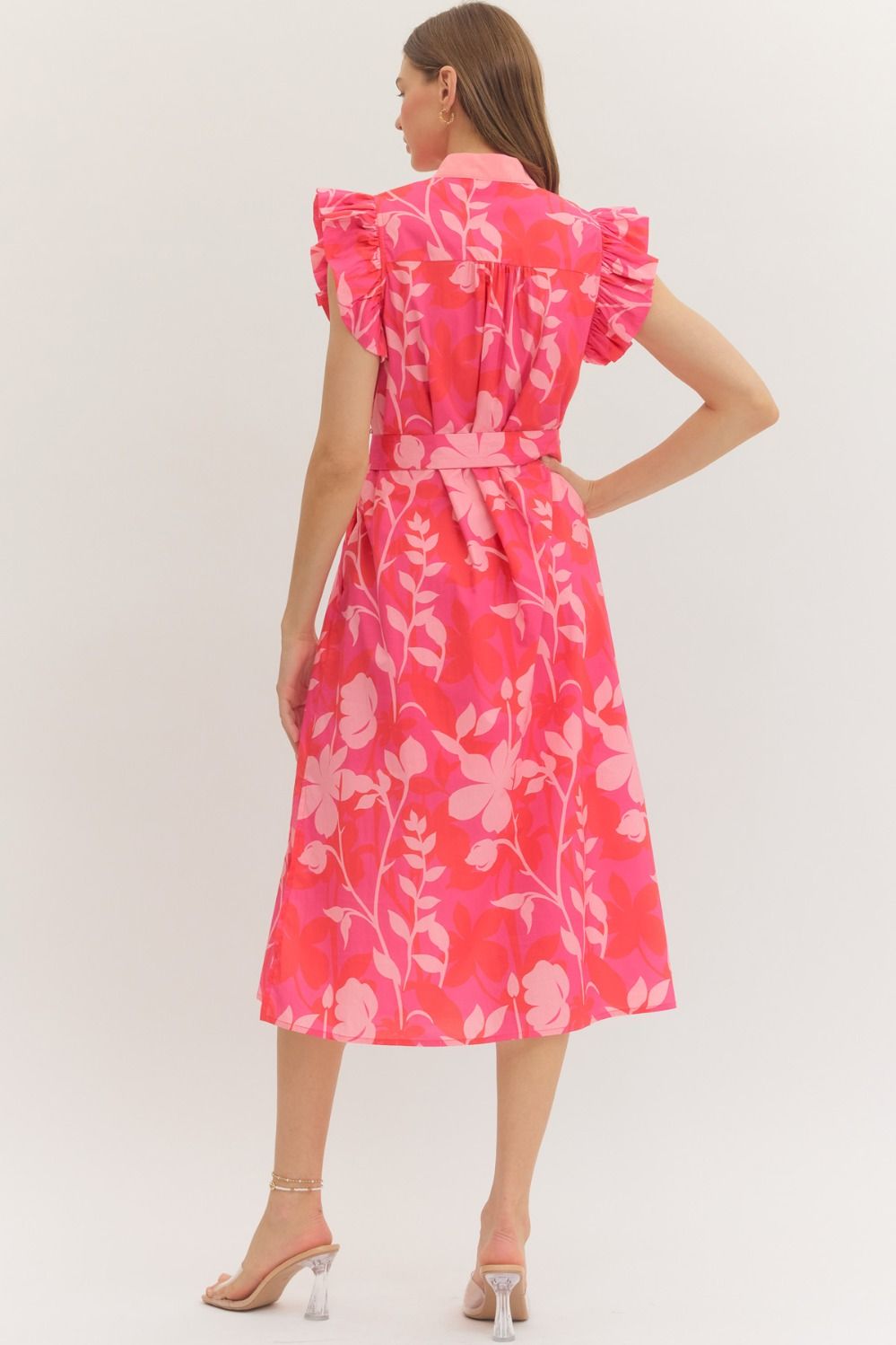Botanical print ruffle sleeve midi dress