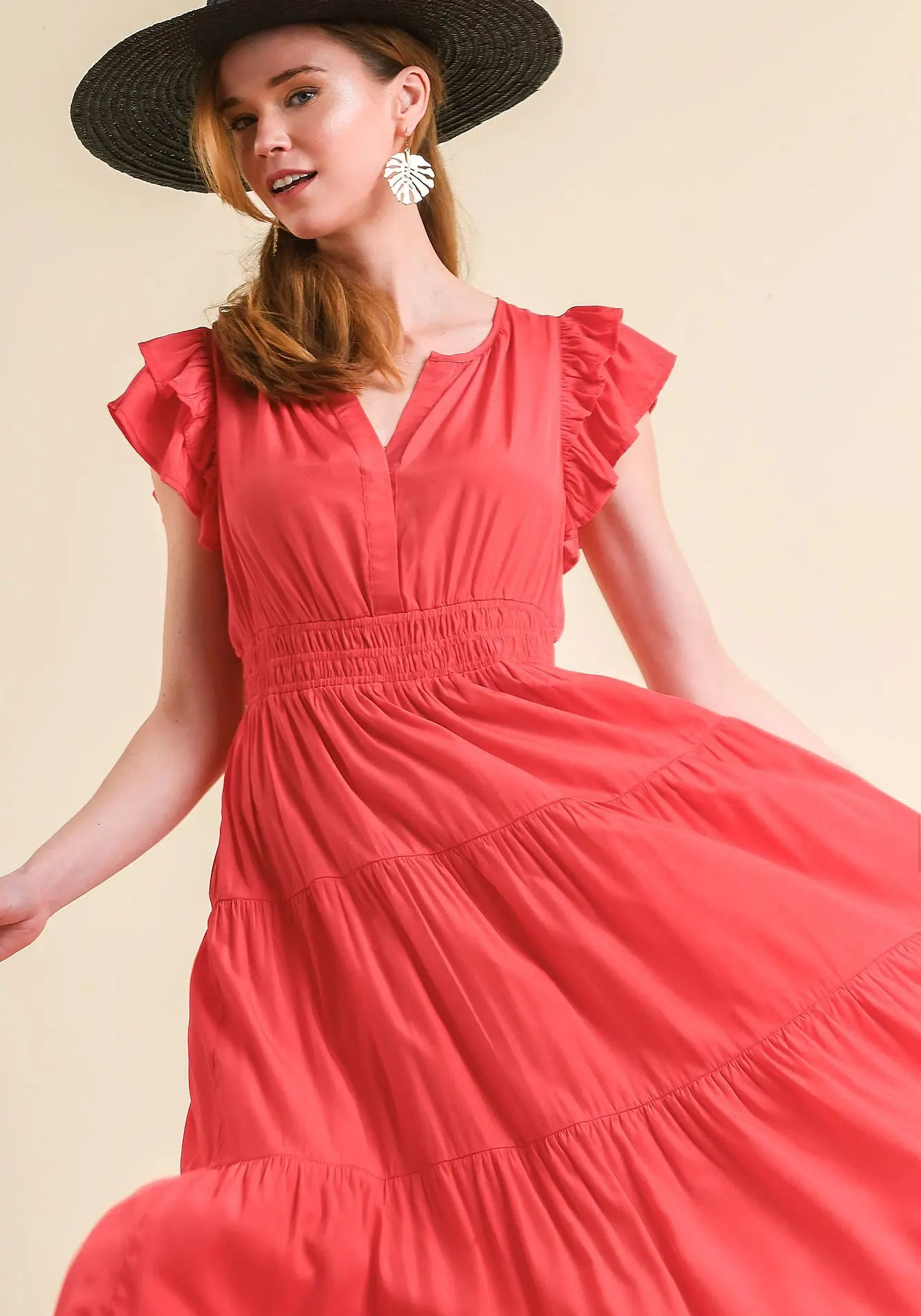 Red Flutter Sleeved Midi Dress