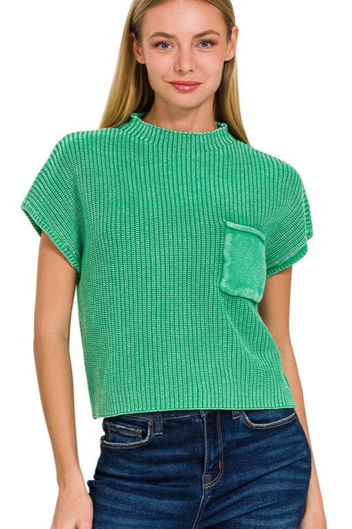 Kelly Green Mock Neck Short Sleeve Cropped Sweater
