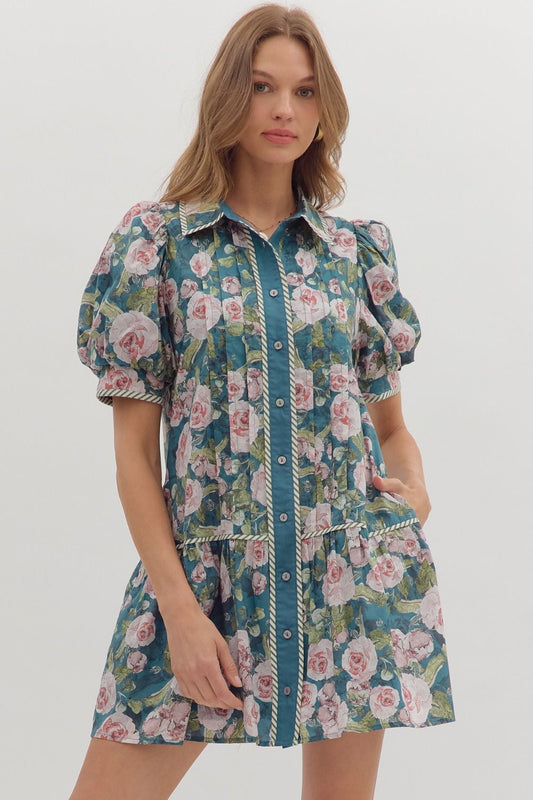 Blue Floral Button Up Dress