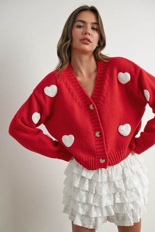 Heart Pattern Cropped V-neck Cardigan Top