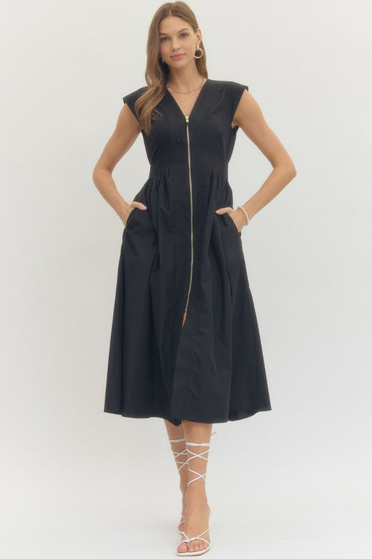 Black V-Neck Front Zip Midi Dress