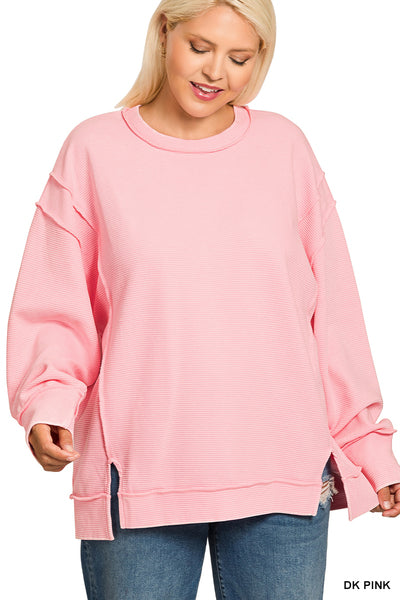 Plus Acid Washed Double Ribbed Exposed-Seam Pullover