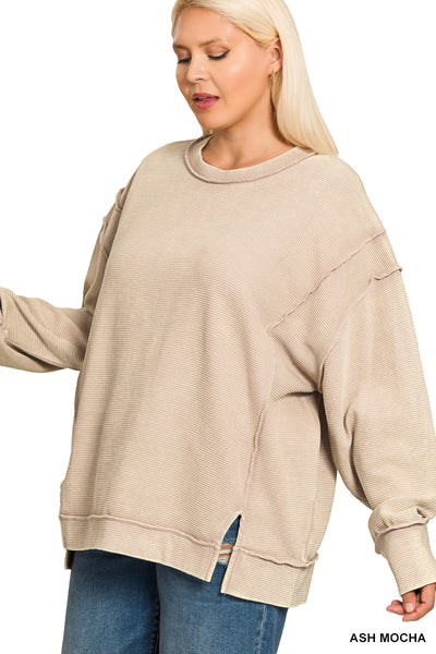Plus Acid Washed Double Ribbed Exposed-Seam Pullover