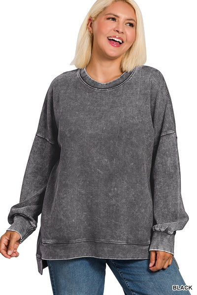 Plus Acid Washed Double Ribbed Hi-Low Pullover