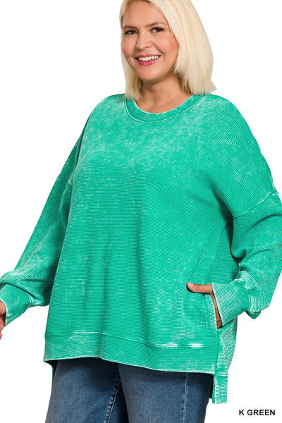 Plus Acid Washed Double Ribbed Hi-Low Pullover