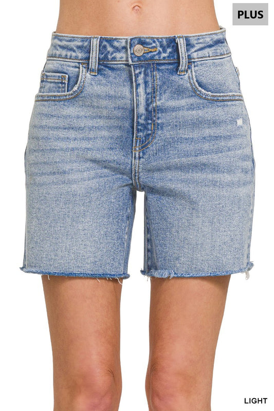 Plus Mid Rise Raw Hem Denim Shorts