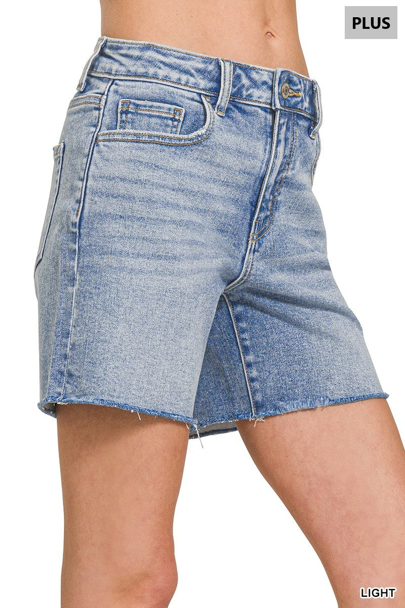 Plus Mid Rise Raw Hem Denim Shorts