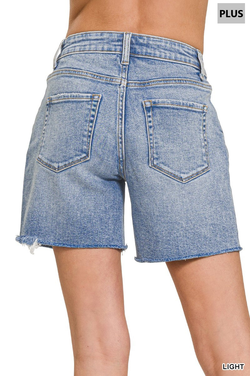 Plus Mid Rise Raw Hem Denim Shorts