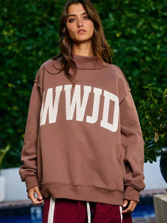 Brown WWJD & AMEN Reversible Mock Neck Sweatshirt