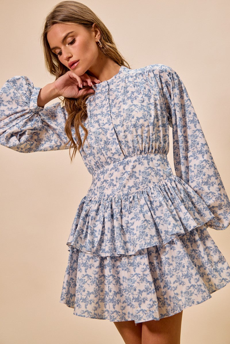 Floral Tiered Puff Sleeves Mini Dress