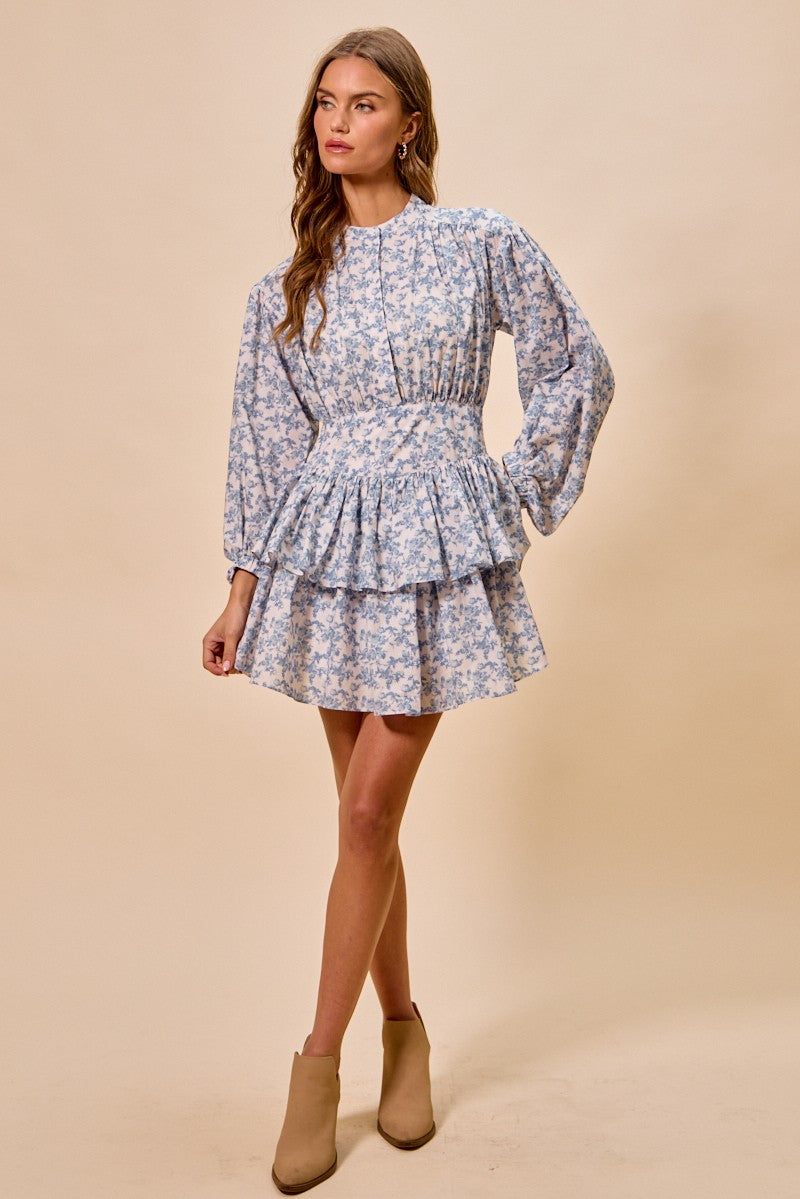 Floral Tiered Puff Sleeves Mini Dress