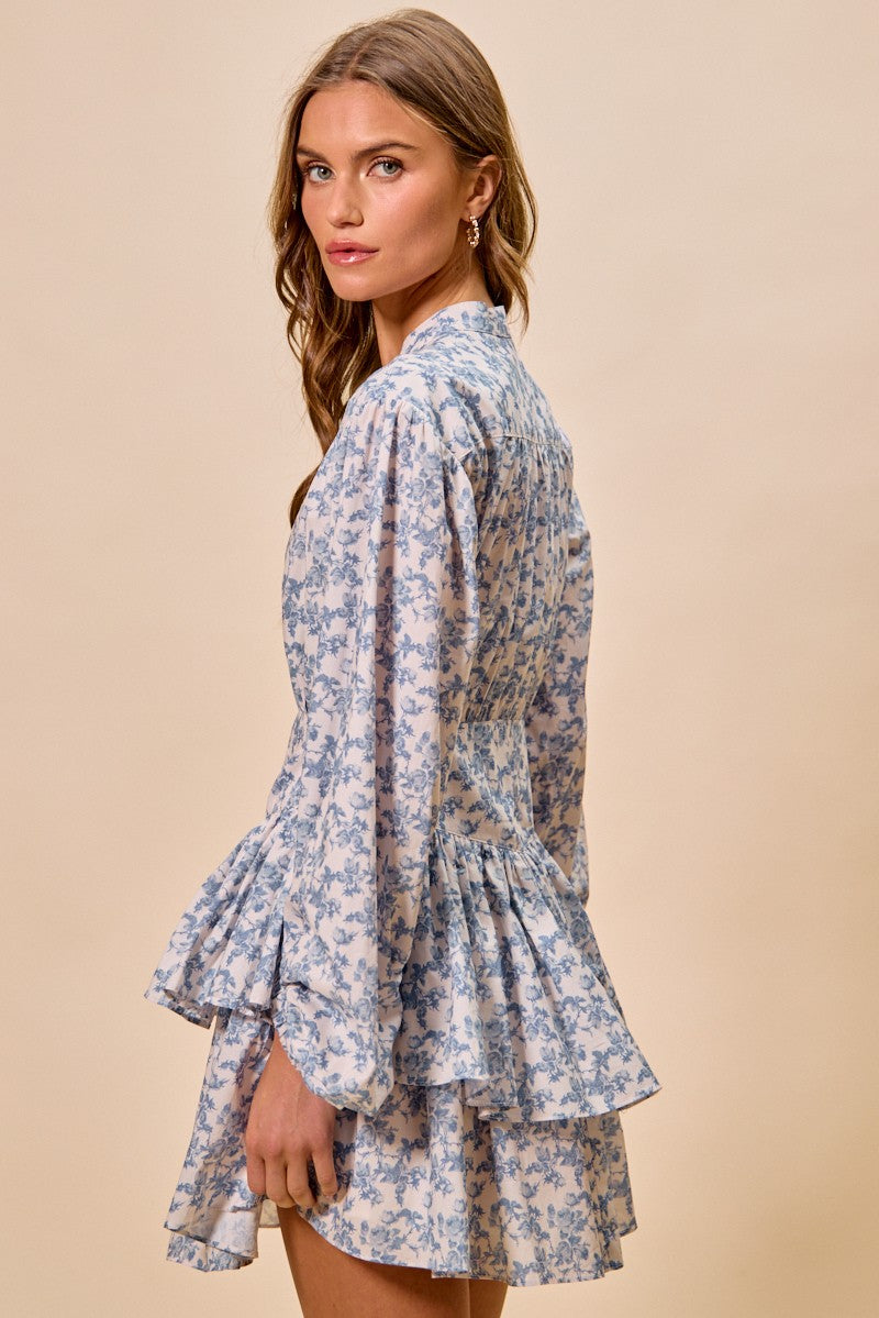 Floral Tiered Puff Sleeves Mini Dress