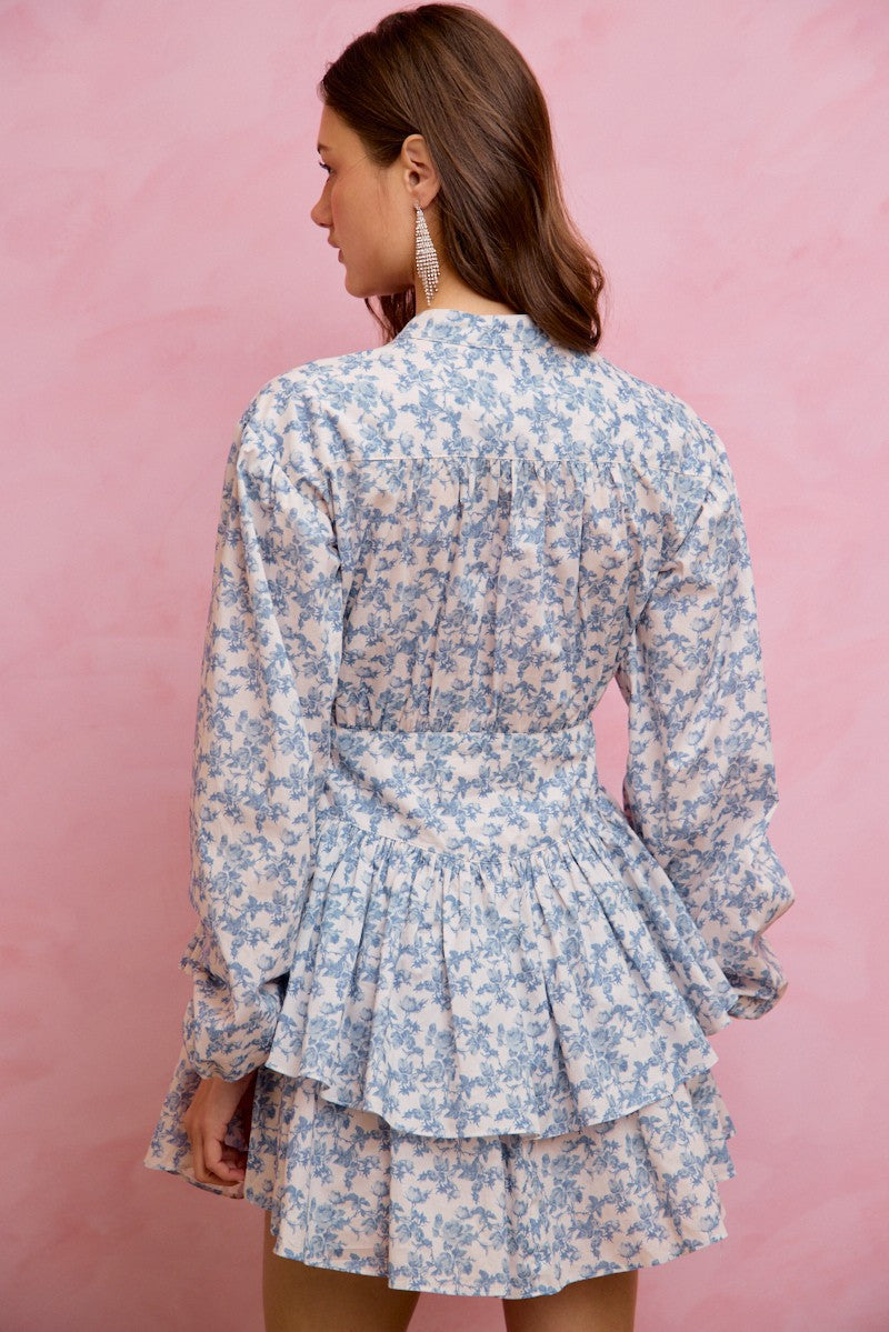 Floral Tiered Puff Sleeves Mini Dress