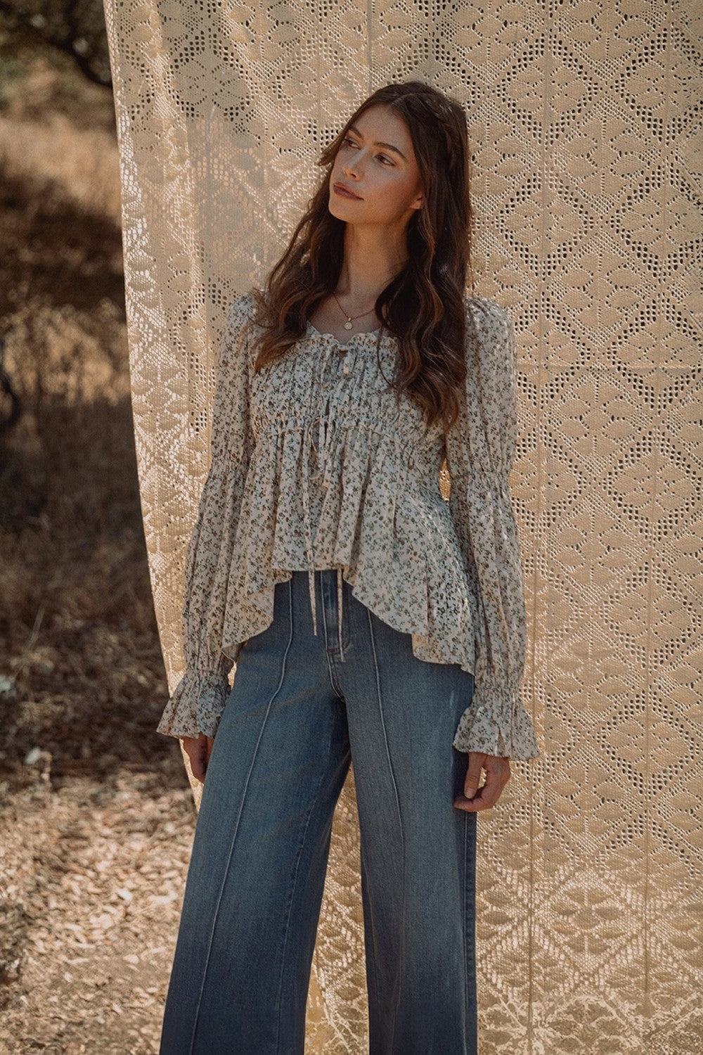 Ditsy Print Front Tie Blouse