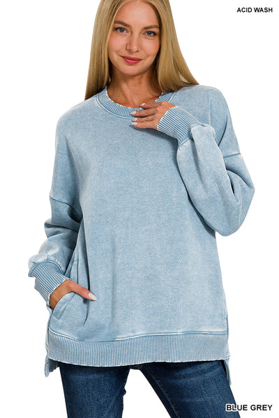 Acid Wash Fleece Hi-Low Hem Pullover