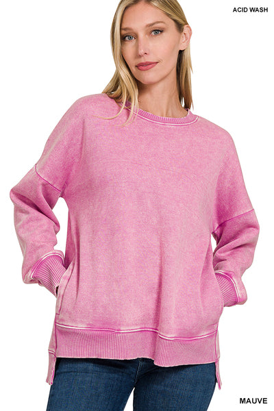Acid Wash Fleece Hi-Low Hem Pullover