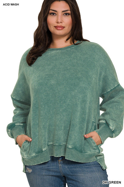 Plus Acid Wash Fleece Hi-Low Hem Pullover