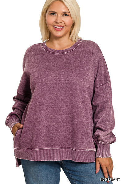 Plus Acid Wash Fleece Hi-Low Hem Pullover