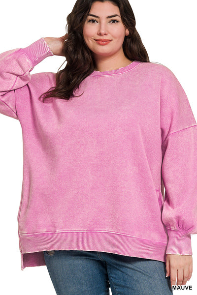 Plus Acid Wash Fleece Hi-Low Hem Pullover