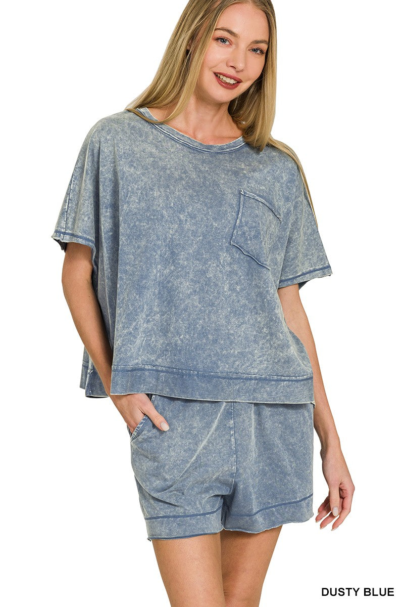 Acid Washed Oversized Top & Shorts Set