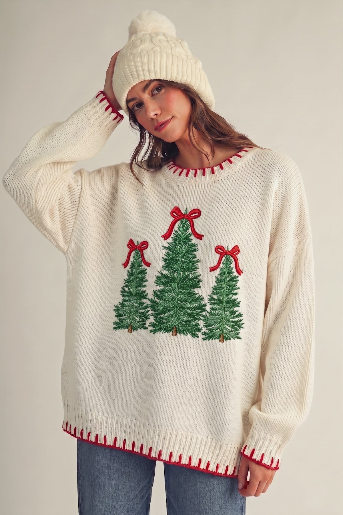 Christmas Trees Stitched Sweater