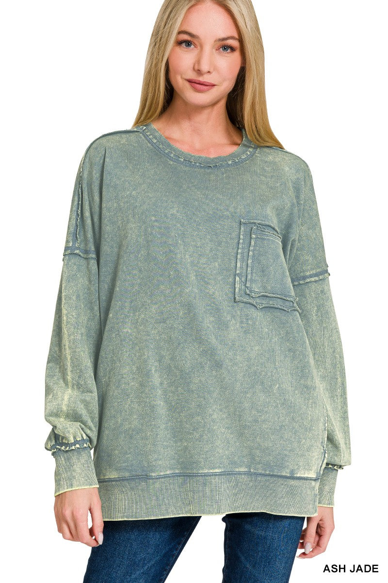 French Terry Acid Wash Front Pocket Pullover With Pockets