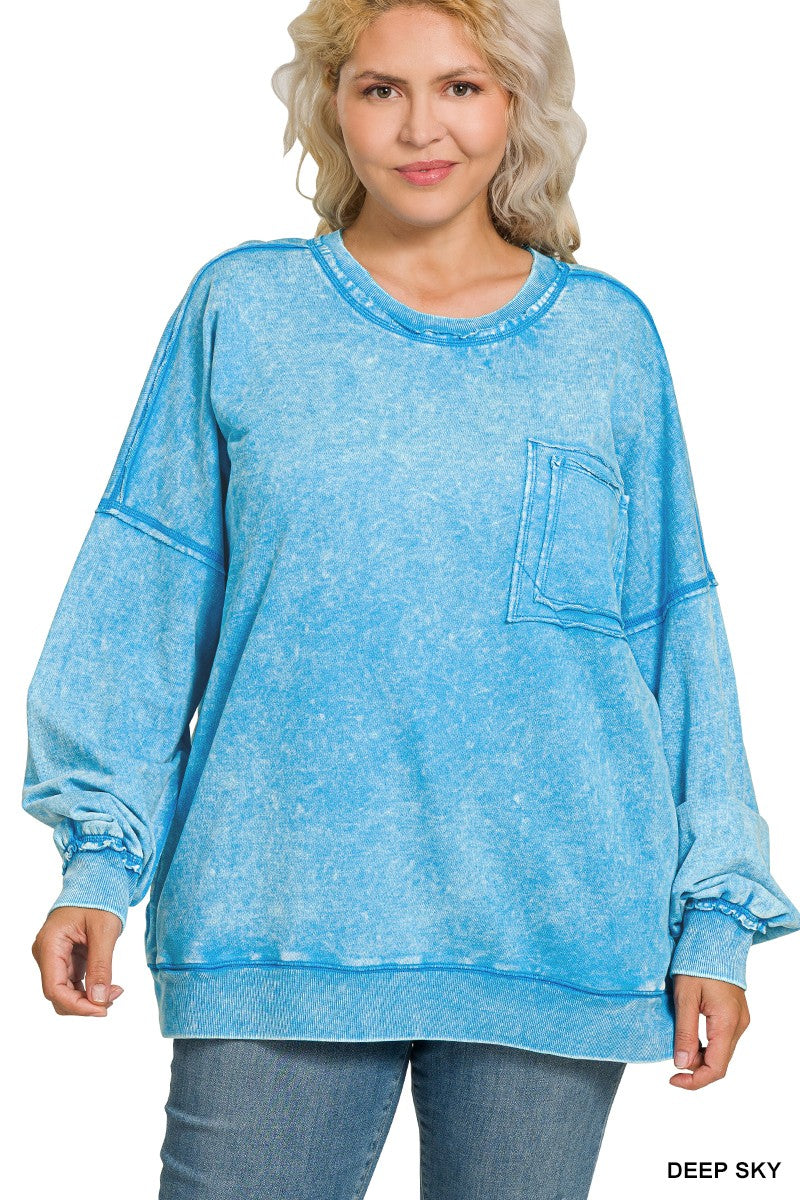PLUS French Terry Acid Wash Front Pocket Pullover With Pockets
