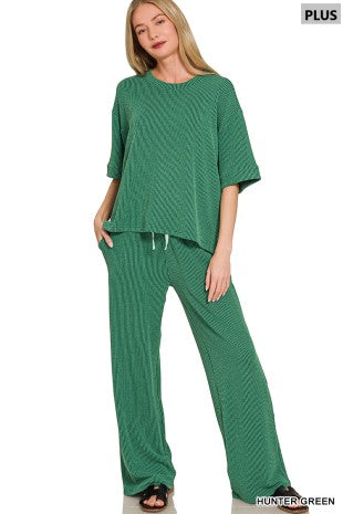 Plus Raised Rib Short Sleeve Tee & Pants Set