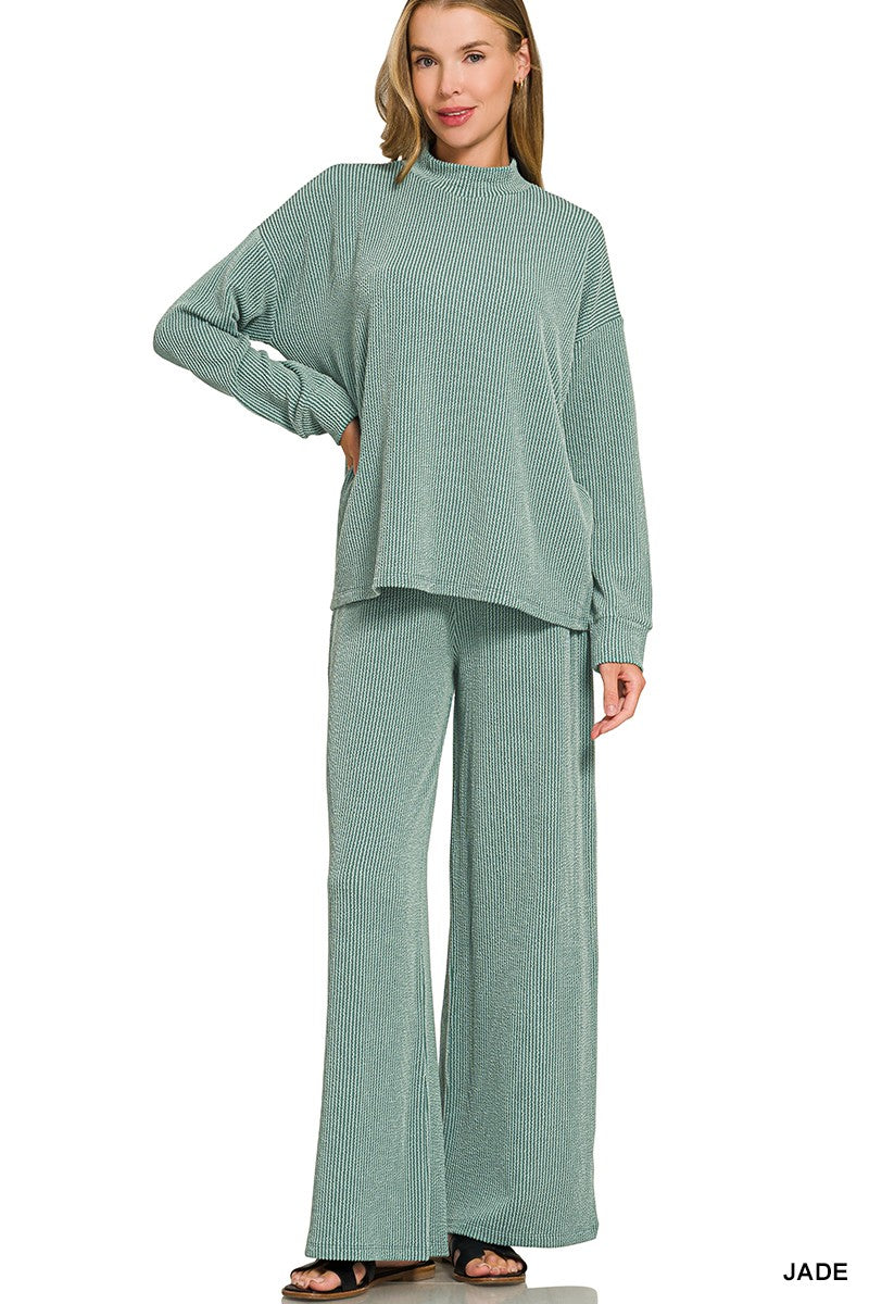 Raised Rib Mock Neck Long Sleeve Tee & Pants Set