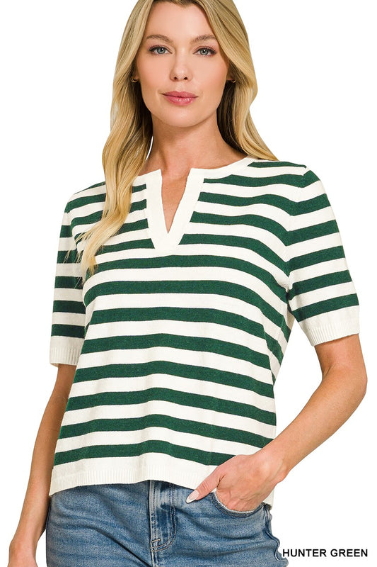 Split Neck Stripe Short Sleeve Sweater