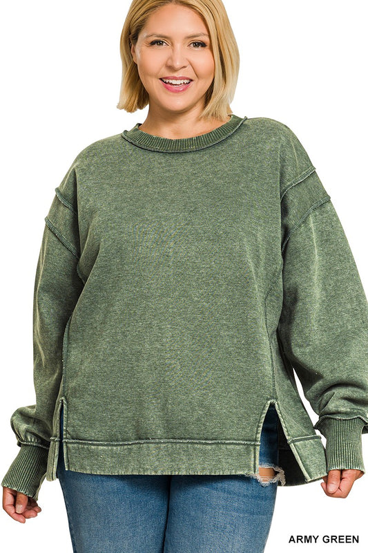 Plus Acid Wash Exposed-seam Fleece Sweatshirt
